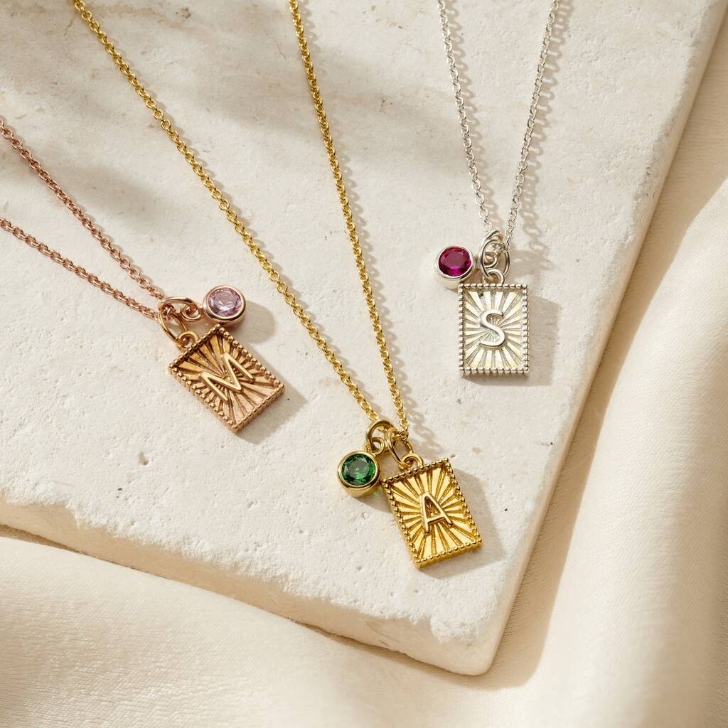 Sunbeam initial and birthstone charm necklace by Posh Totty